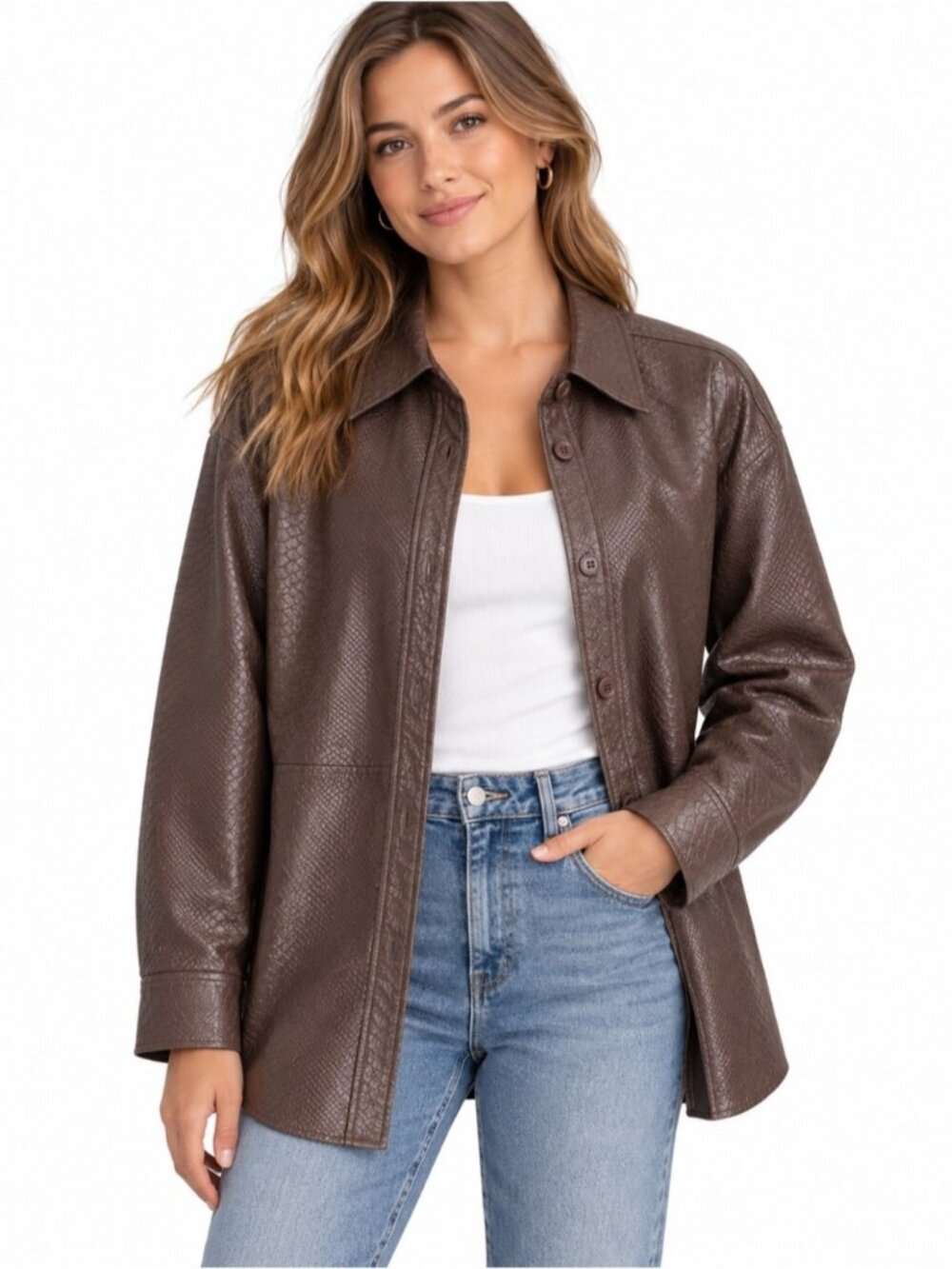 Babaton Pelli Shirt Jacket Woman XS Pinecone Brown Croc Embossed Vegan Leather